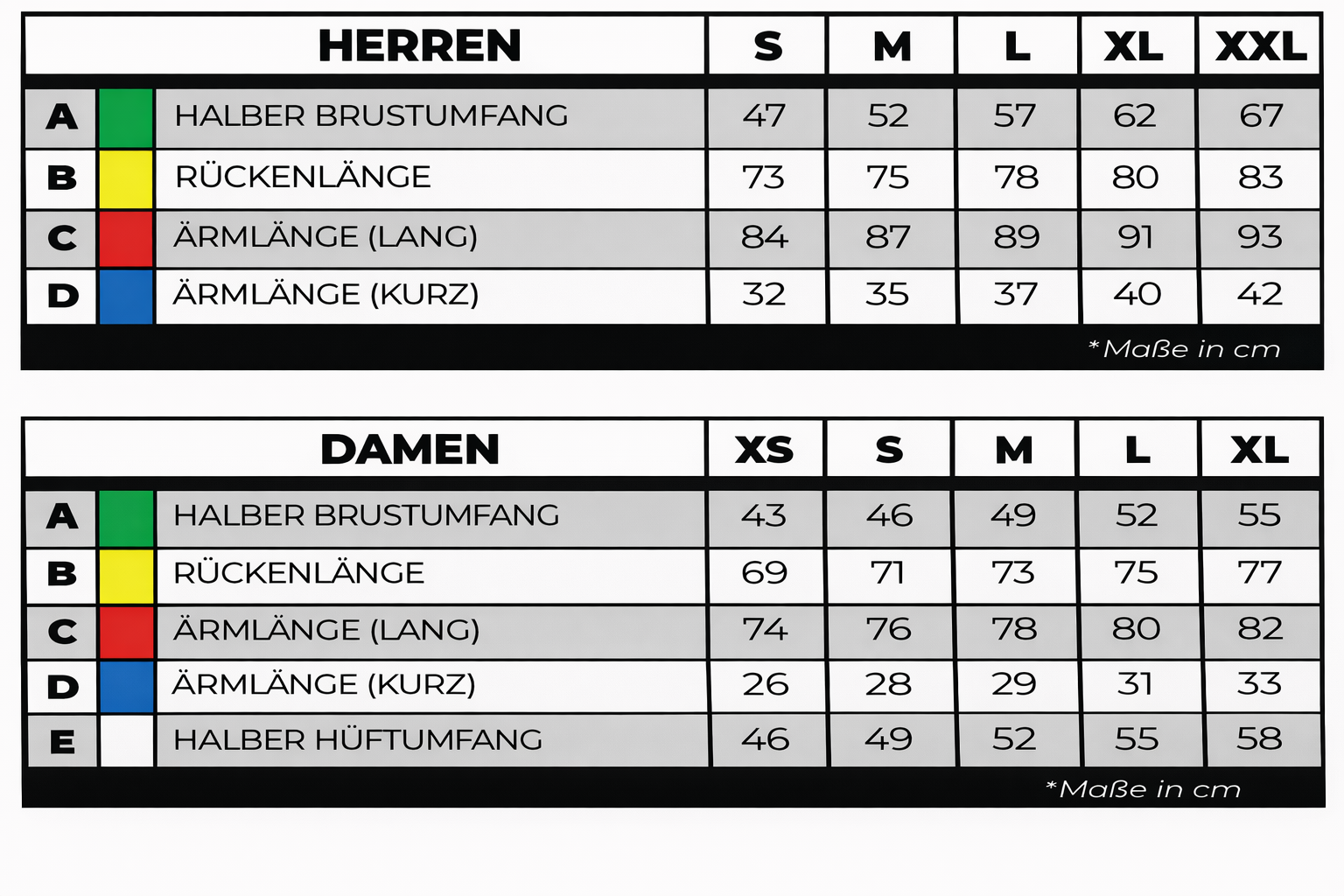 Größentabelle – Herren- und Damen-Trikots