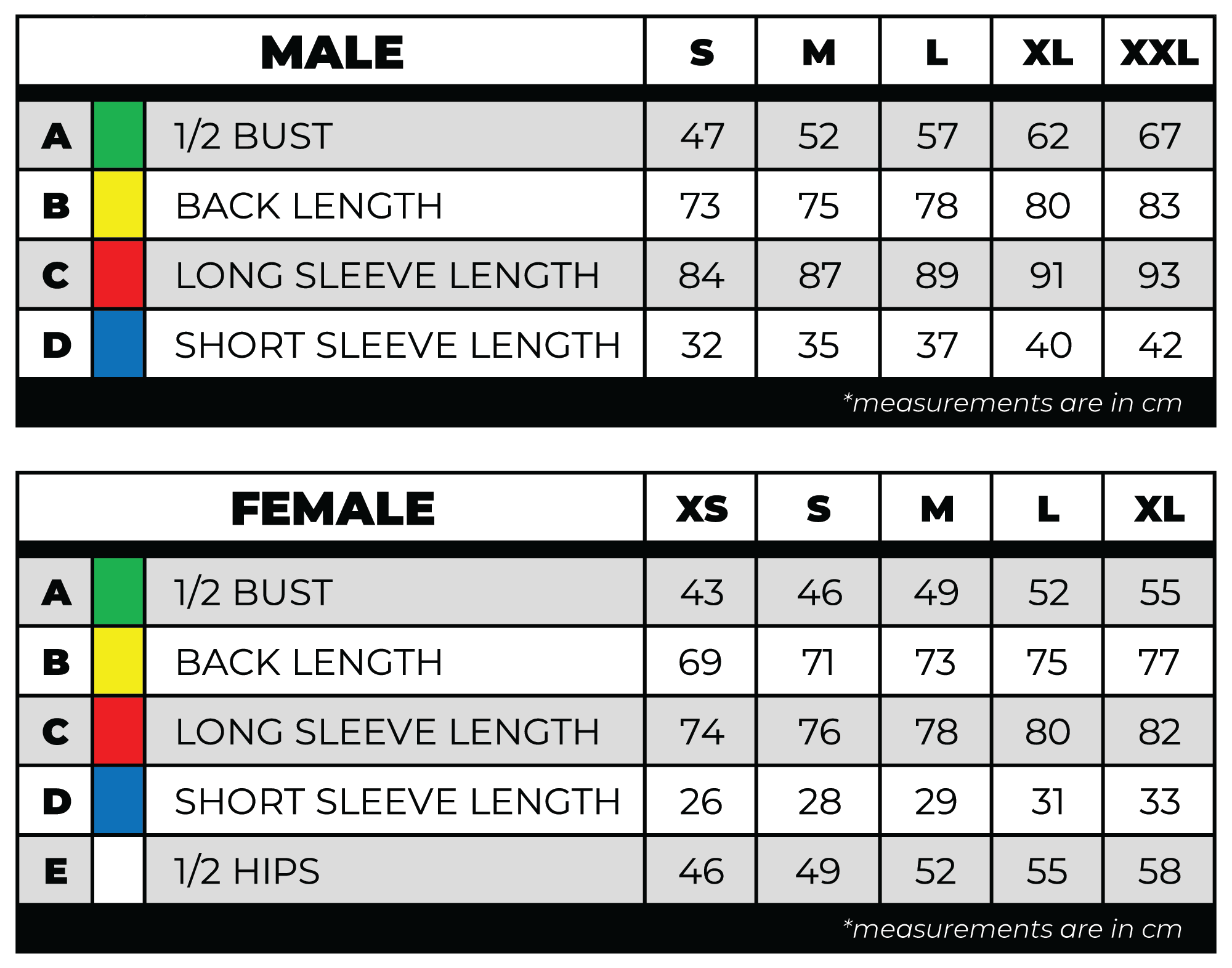 Size chart – men’s and women’s jerseys